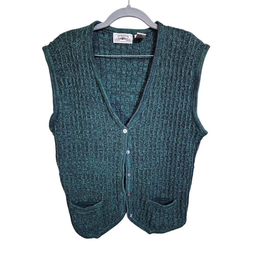 Vintage Countryside Classics Green Knit Button Sweater Vest Ramie Cotton M - Picture 1 of 4